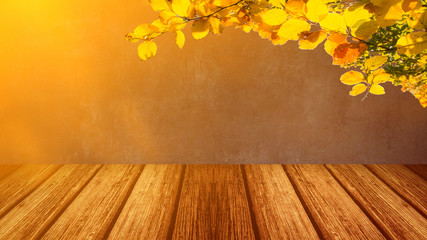 Naklejka na ściany i meble Herbst Hintergrund - Holzboden goldener leuchtendes Bokeh