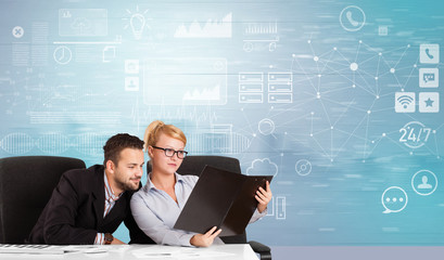 Business person at front desk with workflow concept