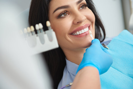 Teeth model locating near brilliant lady smile