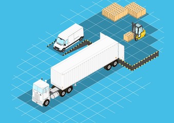 Logistic concept. Forklift and truck at the loading ramp. Isometric view. Flat vector.