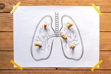 drawn human lungs with extinguished and crushed cigarettes, stop smoking, quit smoking, do not smoke