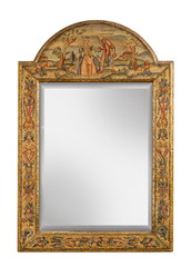 Antique mirror with tapestry covered frame isolated on white