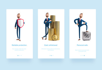 Illustration set. 3d illustration. Portrait of a handsome businessman Billy with a stack of money. Cartoon character Billy with shield. Cartoon character Billy with safe and gold