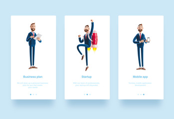 Illustration set. 3d illustration. Portrait of a handsome businessman with mobile phone. a cartoon character is holding a notebook and smiling. Businessman Billy flying on a rocket Jetpack up
