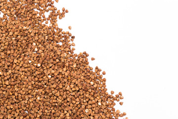 Organic buckwheat close up and top view, food background with space for text