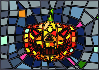Halloween items. Vector decorative pumpkins stained glass style