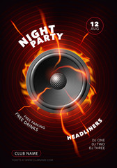 Night party vector poster, illustration with sound speaker.