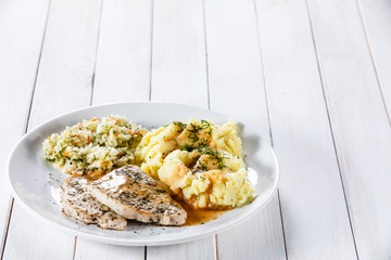 Fried pork chop, mashed potatoes and cabbageon
