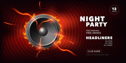 Night party vector poster, illustration with sound speaker.