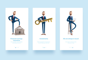 Illustration set. 3d illustration. Portrait of a handsome businessman with laptop. Portrait of a handsome cartoon character with bank building. Banking concept. Billy with golden key.
