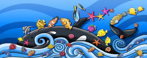 Animals underwater travel by whale Paint and whale tour middle of the ocean Sky blue In the sea Creative background