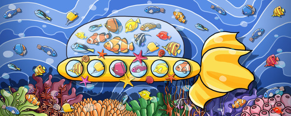 Animals underwater Travel by submarine paint and various animals and underwater plants In the sea