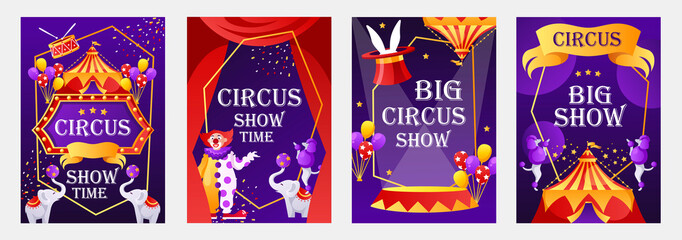 Set of vector cartoon templates for circus flyers, tickets,  banners, invitation, posters, covers. Children's illustration. Colorful advertising backgrounds. Promotion show. © sweet kiwi