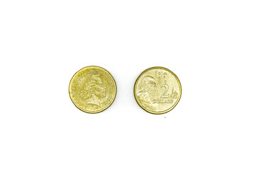 Australian dollar coins isolated on white background. Two dollars.