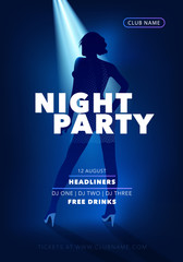 Night party vector flyer, poster with dancing girl. Disco club announcement