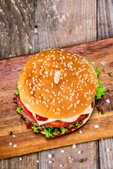 Tasty burger on cutting board