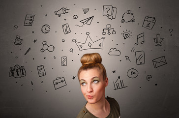 Pretty girl with drawn tasks above her head