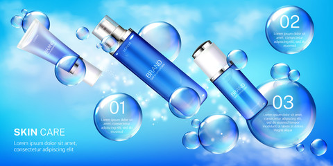 Cosmetic tubes mock up banner, skin care steps routine, beauty cosmetics product bottles on blue background with flying air bubbles. Lotion, cream, gel package design Realistic 3d vector illustration
