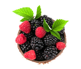 Blackberry and raspberry. On white background