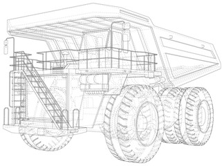 Dump truck. Vector rendering of 3d. Wire-frame style. The layers of visible and invisible lines are separated.