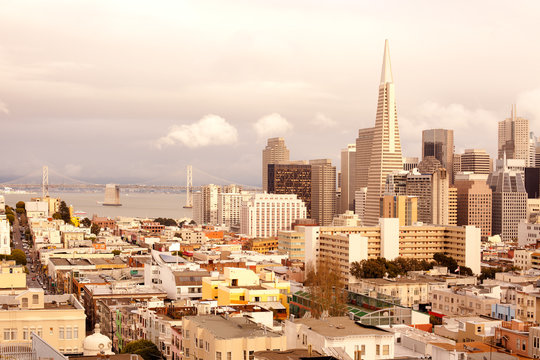 Financial District, North Beach neighborhood and San Francisco-Oakland Bay Bridge, San Francisco, California, USA