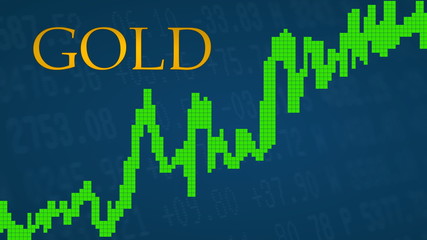 Obraz premium The price of the commodity gold is going up. The green graph next to the golden GOLD title on a blue background shows upwards and symbolizes the price rise of the precious metal gold.