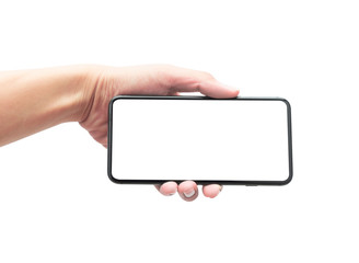 Male hand holding the black smartphone with blank screen isolated on white background with clipping path.