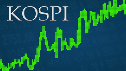Fototapeta premium The Korea Composite Stock Price Index or KOSPI is going up. The green graph next to the silver KOSPI title on a blue background is showing upwards and symbolizes the ascent of the Korean index.