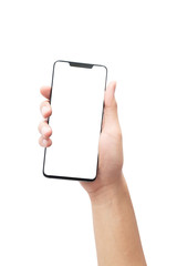 Male hand holding the black smartphone with blank screen isolated on white background with clipping path.