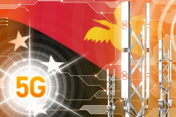 Papua New Guinea 5G industrial illustration, large cellular network mast or tower on hi-tech background with the flag - 3D Illustration