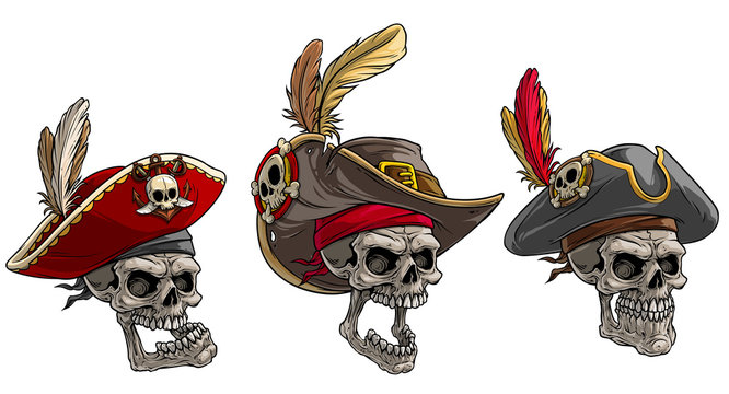 Cartoon detailed realistic colorful scary human skulls in pirate hat with badge, feathers and mustache. Isolated on white background. Vector icon set. Vol. 2
