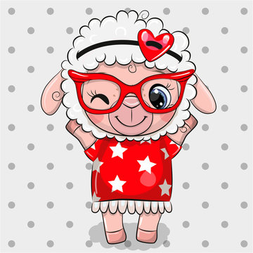 Cartoon Sheep with red glasses on a dots background