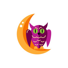 Owl with moon as logo, icon. Vector illustration isolated on white background. Flat style design. Halloween decorative element.
