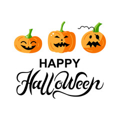 Happy Halloween card with pumpkins on white background. Handwriting lettering Halloween. Flat style vector illustration. Great for banner, party invitation, flyer, greeting card.