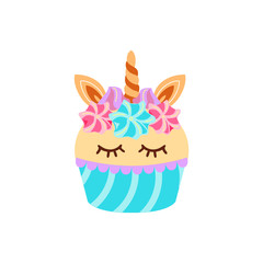 Fototapeta premium Unicorn cupcake vector illustration isolated on white background. Great for greeting card, party invitation, sticker, patch, t-shirt design, poster.