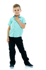 Handsome little boy in full growth on a white background. The co