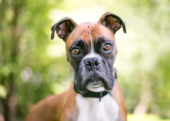 Close up of a purebred Boxer dog outdoors looking at the camera