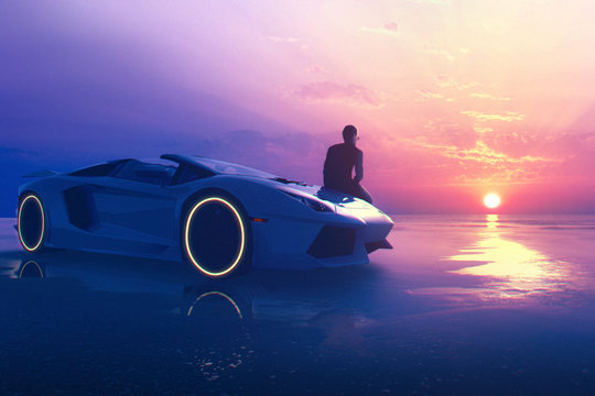 Thoughtful man sitting outside a futuristic car looking pinky sunset - concept art- photomanipulation - 3D rendering