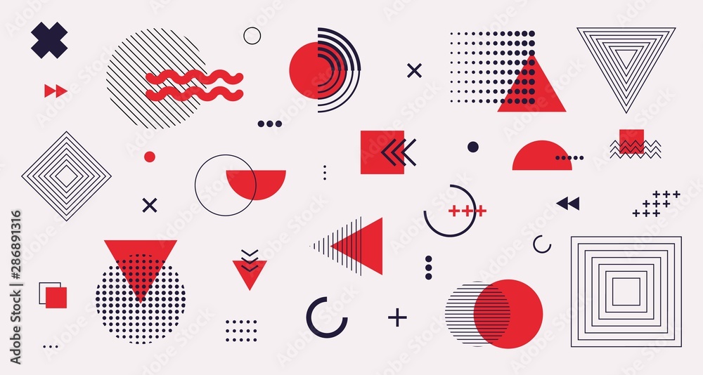 Wall mural memphis design elements mega set. vector abstract geometric line graphic shapes, modern hipster circ