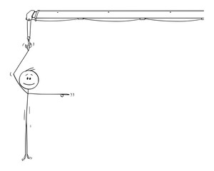 Fototapeta na wymiar Vector cartoon stick figure drawing conceptual illustration of smiling man or businessman holding the crane hook,hanging and pointing at something. Problem solution metaphor.