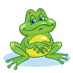 Funny pensive toad in cartoon style sitting on the glade. Isolated on white background. 