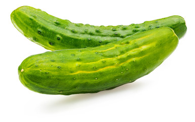 Cucumbers, whole, raw and fresh with drops of water. Isolated on white background