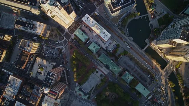 Providence Rhode Island Aerial v33 Sunrise panning vertical downtown cityscape view near Waterside and Burnside Parks - October 2017