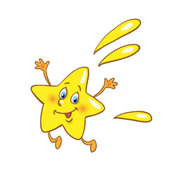 Happy gold star in cartoon style falls. Isolated on white background.