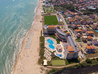 Aerial photo of the beautiful small town and seaside resort known as Obzor in Bulgaria showing the...