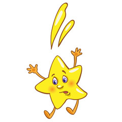 Funny gold star in cartoon style falls. Isolated on white background.