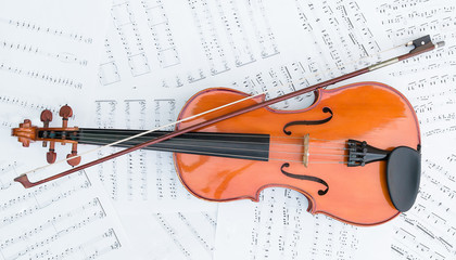 Fototapeta premium Violin isolated on white background. musical instruments violin parts on white background. notes and violin
