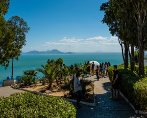 Scenes of Sidi Bou Said, Tunisia with flowers, blue sky, blue doors, blue sea
