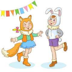 Little girl in the costume of fox and a boy in the costume of hare are dancing. Isolated on white background.