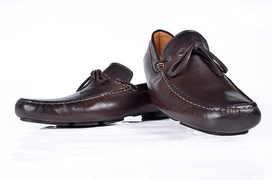 Grownd view brown leather formal shoes with knotted string